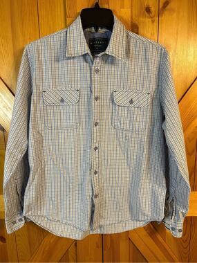 Marfinno Button Up Shirt Men's Medium Blue White Black Plaid Pockets (0165)